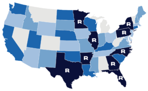 United States map with finzer location markers